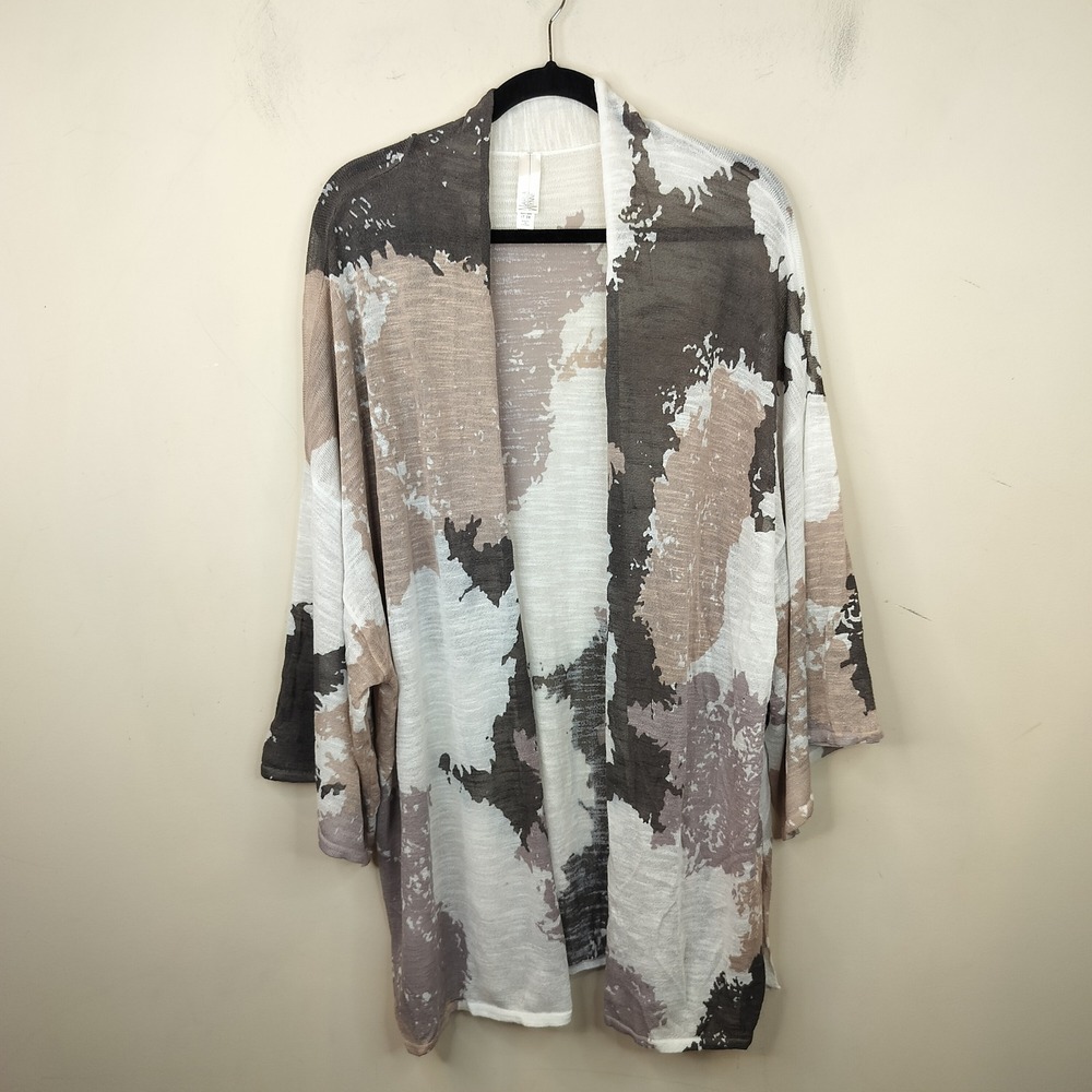 Marla Wynne Cardigan 2X Abstract Print Knit Open Front Brown Taupe Topper
